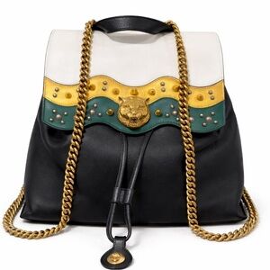 Gucci Animalier Tiger Head Black Leather Bucket Backpack Purse Handbag